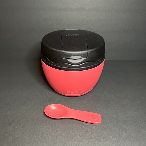 Vintage Aladdin Pink Black Thermos Soup Bowl Container w Spoon Slot & Spoon 12oz - Picture 1 of 8
